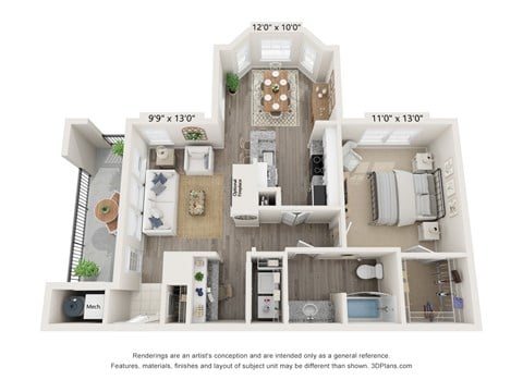 Floor plan for 1 bed, 1 bath, 776 sqft
